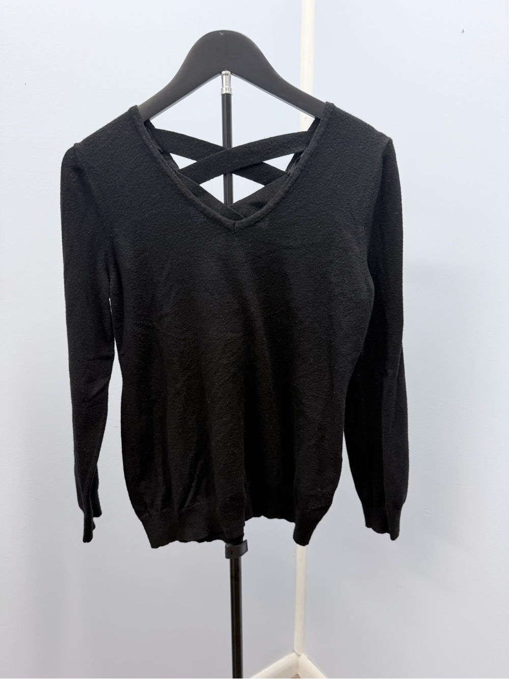 Ellie Black V-Neck Sweater with Crisscross Back